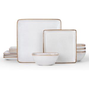 E-far Square Plates and Bowls Sets, 12-Piece Stoneware Dinnerware Sets for 4, Reactive Glaze Dish Set, Chip and Scratch Resistant, Microwave and Dishwasher Safe, Deep Sea Blue(Seashell White)