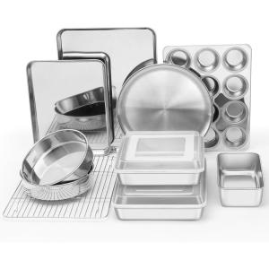 E-far Stainless Steel Baking Pan Set, 9-Piece Bakeware Sets for Cake Cookie Loaf Muffin, Include Round, Square, Rectangle Baking Sheet Pan with Lid & Cooling Rack, Dishwasher Safe(12-Piece Set)