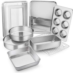 E-far Stainless Steel Baking Pan Set, 9-Piece Bakeware Sets for Cake Cookie Loaf Muffin, Include Round, Square, Rectangle Baking Sheet Pan with Lid & Cooling Rack, Dishwasher Safe(9-Piece Set)