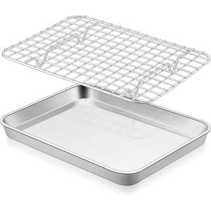 E-far Stainless Steel Baking Sheet with Wire Rack Set, 16” x 12” Cookie Sheet Baking Pan for Oven, Rimmed Large Metal Tray with Cooling Rack for Cooking Roasting, Non-Toxic & Dishwasher Safe(9.3″x7.3″)
