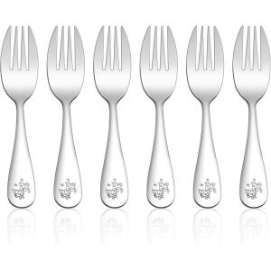 E-far Stainless Steel Kids Forks, 6-Piece Toddlers Forks Safe for Preschooler/Children, Hammered Adult look & Small Size, Rust Free & Dishwasher Safe(Animal Forks)