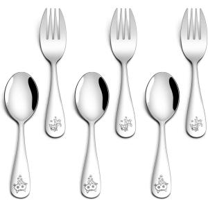 E-far Stainless Steel Kids Forks, 6-Piece Toddlers Forks Safe for Preschooler/Children, Hammered Adult look & Small Size, Rust Free & Dishwasher Safe(Animal Spoons & Forks)