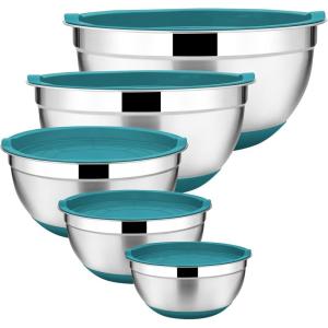 E-far Stainless Steel Mixing Bowls Set of 5, Size 7/3.5/2.5/1.5/1 QT, Metal Nesting Bowls with Colorful Airtight Lids & Non-Slip Bottoms, Great for Kitchen Cooking, Baking, Serving, Food Prep(Teal Blaue)