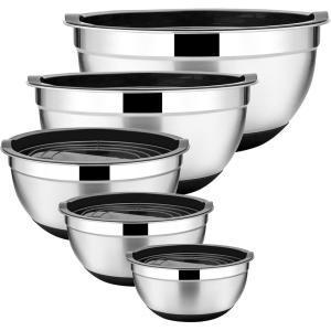 E-far Stainless Steel Mixing Bowls Set of 5, Size 7/3.5/2.5/1.5/1 QT, Metal Nesting Bowls with Colorful Airtight Lids & Non-Slip Bottoms, Great for Kitchen Cooking, Baking, Serving, Food Prep(Black)
