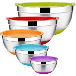 E-far Stainless Steel Mixing Bowls Set of 5, Size 7/3.5/2.5/1.5/1 QT, Metal Nesting Bowls with Colorful Airtight Lids & Non-Slip Bottoms, Great for Kitchen Cooking, Baking, Serving, Food Prep(Multicolor)