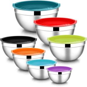 E-far Stainless Steel Mixing Bowls with Airtight Lids, 7-Piece Metal Nesting Bowls with Black Lids for Saving Storage Space, Size 7, 4.6, 3, 2, 1.5, 1, 0.7QT, Great for Baking/Cooking/Prepping(Colorful)