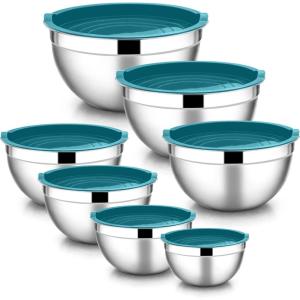E-far Stainless Steel Mixing Bowls with Airtight Lids, 7-Piece Metal Nesting Bowls with Black Lids for Saving Storage Space, Size 7, 4.6, 3, 2, 1.5, 1, 0.7QT, Great for Baking/Cooking/Prepping(Blue)