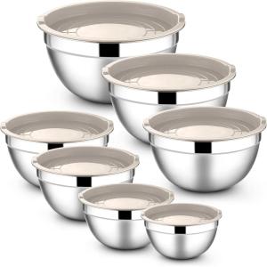 E-far Stainless Steel Mixing Bowls with Airtight Lids, 7-Piece Metal Nesting Bowls with Black Lids for Saving Storage Space, Size 7, 4.6, 3, 2, 1.5, 1, 0.7QT, Great for Baking/Cooking/Prepping(Khaki)