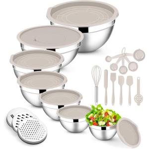 E-far Stainless Steel Mixing Bowls with Lids Set, 5-Piece Nesting Salad Bowls with 3 Grater Attachments and Non-Slip Bottoms, Size 4.6, 2.6, 2, 1.5, 1QT for Kitchen (Black)(Khaki)