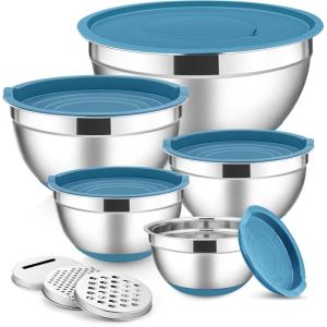 E-far Stainless Steel Mixing Bowls with Lids Set, 5-Piece Nesting Salad Bowls with 3 Grater Attachments and Non-Slip Bottoms, Size 4.6, 2.6, 2, 1.5, 1QT for Kitchen (Black)(Blue)