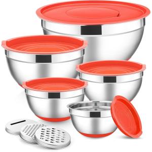 E-far Stainless Steel Mixing Bowls with Lids Set, 5-Piece Nesting Salad Bowls with 3 Grater Attachments and Non-Slip Bottoms, Size 4.6, 2.6, 2, 1.5, 1QT for Kitchen (Black)(Red)