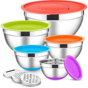 E-far Stainless Steel Mixing Bowls with Lids Set, 5-Piece Nesting Salad Bowls with 3 Grater Attachments and Non-Slip Bottoms, Size 4.6, 2.6, 2, 1.5, 1QT for Kitchen (Black)(Colorful)