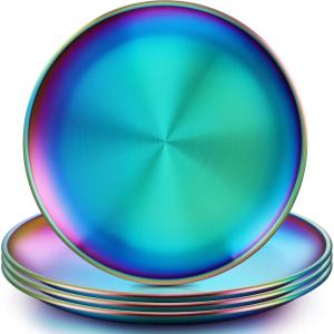 E-far Stainless Steel Plates Set of 4, 8-inch Metal Dinner Plates for Kids Toddlers, Great for Self-feeding/Picnic/Outdoor Camping, Healthy & Non-toxic, Shatterproof & Dishwasher Safe(Rainbow)