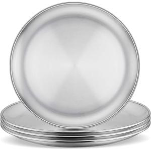 E-far Stainless Steel Plates Set of 4, 8-inch Metal Dinner Plates for Kids Toddlers, Great for Self-feeding/Picnic/Outdoor Camping, Healthy & Non-toxic, Shatterproof & Dishwasher Safe(Silver)
