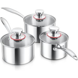 E-far Stainless Steel Saucepan Set – 1Qt & 2 Qt, Triply Sauce Pan Pot with Lid for Cooking Pasta Warming Milk Boiling Water, Small Metal Cookware for Kitchen, Induction Ready & Heavy Duty(1QT & 2QT & 3QT)