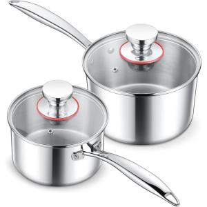 E-far Stainless Steel Saucepan Set – 1Qt & 2 Qt, Triply Sauce Pan Pot with Lid for Cooking Pasta Warming Milk Boiling Water, Small Metal Cookware for Kitchen, Induction Ready & Heavy Duty(1QT & 2QT)