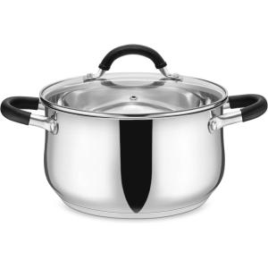E-far Stainless Steel Stock Pot, 8 Quart Large Cooking Pot with Glass Lid for Boiling Pasta Soup Sauce, Tri-Ply Induction Thick Base for All Stoves, Cool-Touch Handles & Dishwasher Safe(5 Quarts)