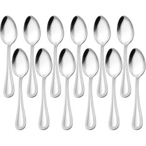 E-far Stainless Steel Teaspoons Set of 12, 6.7 Inch Pearled Edge Small Dessert Tea Spoons Silverware for Home, Kitchen and Restaurant, Non-toxic, Mirror Polished, Dishwasher Safe(6.7inches)