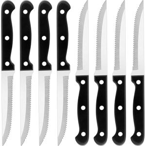 E-far Steak Knife Set of 8, 8.2 Inches Stainless Steel Serrated Knife, Triple Rivet Knife Set for Kitchen Restaurant, Black & Dishwasher Safe