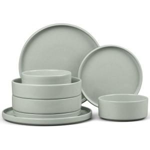 E-far Stoneware Dinnerware Sets for 4, 12-Piece Reactive Glaze Plates and Bowls Sets, Kitchen Ceramic Dishes Dinning Ware, Microwave & Dishwasher Safe, Deep Gray(Mist Green)