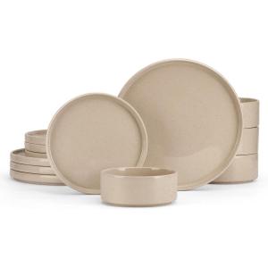E-far Stoneware Dinnerware Sets for 4, 12-Piece Reactive Glaze Plates and Bowls Sets, Kitchen Ceramic Dishes Dinning Ware, Microwave & Dishwasher Safe, Deep Gray(Bright Khaki)