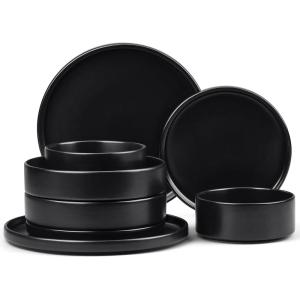 E-far Stoneware Dinnerware Sets for 4, 12-Piece Reactive Glaze Plates and Bowls Sets, Kitchen Ceramic Dishes Dinning Ware, Microwave & Dishwasher Safe, Deep Gray(Matte Black)