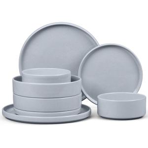 E-far Stoneware Dinnerware Sets for 4, 12-Piece Reactive Glaze Plates and Bowls Sets, Kitchen Ceramic Dishes Dinning Ware, Microwave & Dishwasher Safe, Deep Gray(Haze Gray)