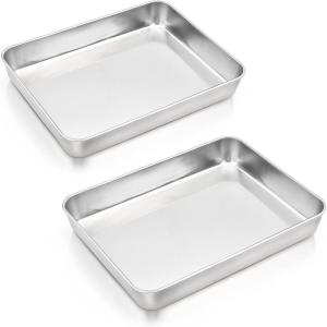 E-far Toaster Oven Baking Pan with Lid, 10.4”x 8”x 2” Stainless Steel Rectangle Sheet Cake Pans with Covers, Small Bakeware for Cakes Brownies Casseroles, Non-toxic & Dishwasher Safe -Set of 2(2Pans)