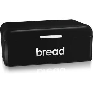 E-far Vintage Bread Box for Kitchen Countertop, Black Metal Bread Storage Container Retro Bread Bin for Pastries/Loaves/Dry Food, Large Capacity & Modern Design (16.7” x 9” x 6.4”)(Black)