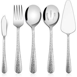 Hammered Serving Utensils, E-far 5-Piece Stainless Steel Hostess Serving Set for Buffet Party Kitchen Restaurant, Mirror Finished & Dishwasher Safe(Hammered Handle)
