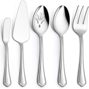 Hammered Serving Utensils, E-far 5-Piece Stainless Steel Hostess Serving Set for Buffet Party Kitchen Restaurant, Mirror Finished & Dishwasher Safe(Scalloped Handle)