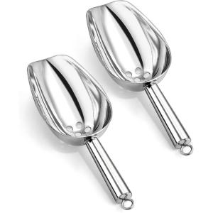 Ice Scoops with Holes, E-far 6 Ounce Stainless Steel Scoops with Drain Holes to Reduce Unwanted Dilution, Metal Scoop for Ice Maker/Freezer/Bar, Rust Free & Dishwasher Safe-2 Pack(8 Ounce)
