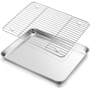 Large Baking Sheet with Rack Set, E-far 20”x14” Stainless Steel Cookie Sheet Pan for Oven Cooking Roasting, Rimmed Metal Tray with Wire Cooling Rack for Bacon Meat Steak – Dishwasher Safe(16”x12”)