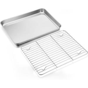 Large Baking Sheet with Rack Set, E-far 20”x14” Stainless Steel Cookie Sheet Pan for Oven Cooking Roasting, Rimmed Metal Tray with Wire Cooling Rack for Bacon Meat Steak – Dishwasher Safe(12.4”x9.7”)