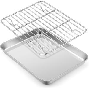 Large Baking Sheet with Rack Set, E-far 20”x14” Stainless Steel Cookie Sheet Pan for Oven Cooking Roasting, Rimmed Metal Tray with Wire Cooling Rack for Bacon Meat Steak – Dishwasher Safe(9.4”x7.3”)
