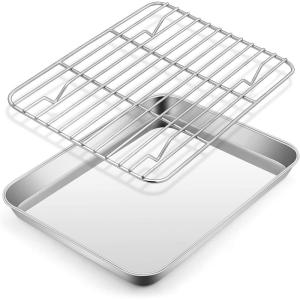 Large Baking Sheet with Rack Set, E-far 20”x14” Stainless Steel Cookie Sheet Pan for Oven Cooking Roasting, Rimmed Metal Tray with Wire Cooling Rack for Bacon Meat Steak – Dishwasher Safe(10.5”x8.3”)