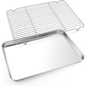 Large Baking Sheet with Rack Set, E-far 20”x14” Stainless Steel Cookie Sheet Pan for Oven Cooking Roasting, Rimmed Metal Tray with Wire Cooling Rack for Bacon Meat Steak – Dishwasher Safe(17.7″x13″)