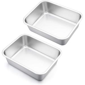 Lasagna Pan Set of 2, E-far Deep Stainless Steel Baking Pans, 12.75 x10 x3.2 Inches Rectangular Metal Roasting Baking Dish Bakeware for Oven, Non-Toxic & Heavy Duty, Dishwasher Safe(10.6″ x 8.3″ (2-Pack))