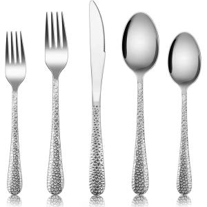 Silverware Set for 12, E-far 60-Piece Hammered Flatware Cutlery Set, Stainless Steel Eating Utensils for Kitchen Hotel Restaurant Party, Modern Design & Mirror Finished – Dishwasher Safe(20-Piece Set for 4)