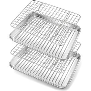 Small Stainless Steel Baking Sheet, E-far Toaster Oven Tray with Rack Set, Metal Textured Broiling Pan with Wire Rack for Cooking/Cooling/Bacon/Cookies/Steak – Dishwasher Safe