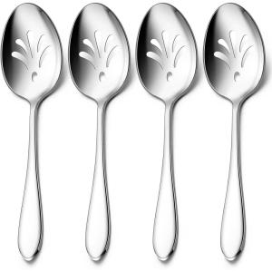 Stainless Steel Slotted Serving Spoons, E-far 4-Piece Metal Tablespoons Hostess Serving Utensils Set for Catering Buffet Party Kitchen Restaurant, Dishwasher Safe(Slotted Spoons x 4)