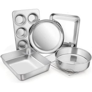 Toaster Oven Bakeware Set, E-far 6-Piece Stainless Steel Small Baking Pan Set, Include Cake Brownie Pan/Cookie Sheet with Rack/Muffin Tin/Pizza Pan, Non-Toxic & Healthy, Easy Clean & Dishwasher Safe(6 Pieces)