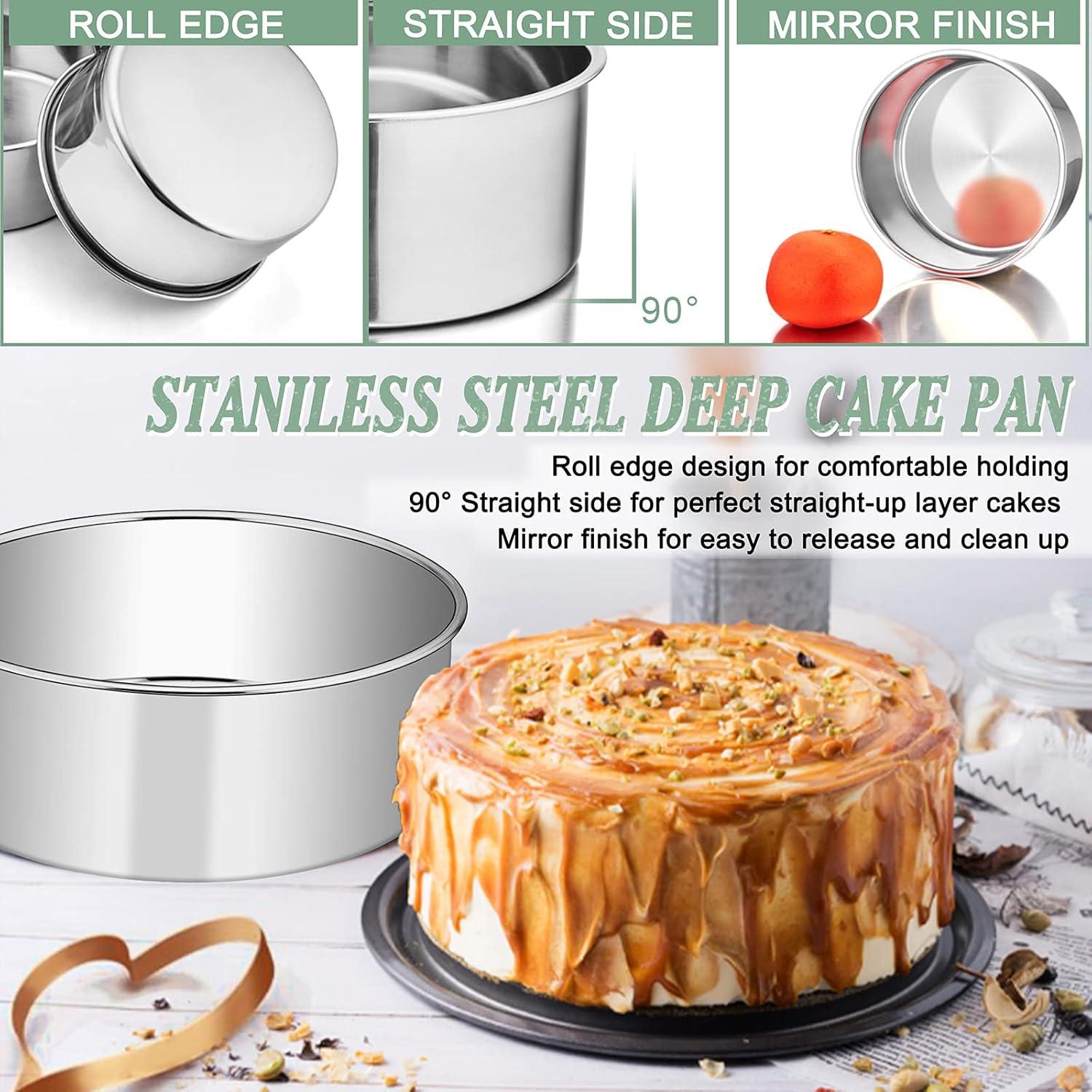 imageEfar Cake Pans Set of 3 8 x 3 Inch Stainless Steel Round Cake Baking Pans Deep Metal Cake Tins for Wedding Birthday Nontoxic amp Dishwasher Safe Mirror Finish amp Straight Side2