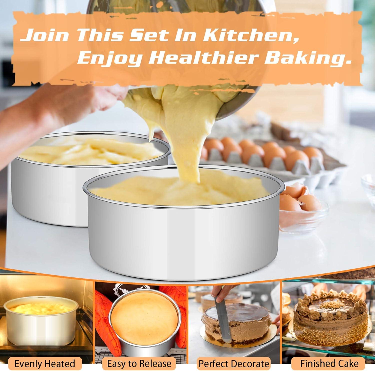 imageEfar Cake Pans Set of 3 8 x 3 Inch Stainless Steel Round Cake Baking Pans Deep Metal Cake Tins for Wedding Birthday Nontoxic amp Dishwasher Safe Mirror Finish amp Straight Side2