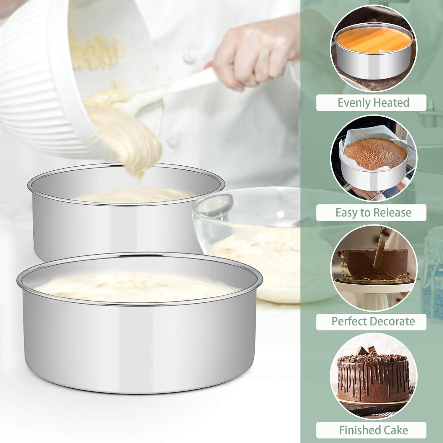 imageEfar Cake Pans Set of 3 8 x 3 Inch Stainless Steel Round Cake Baking Pans Deep Metal Cake Tins for Wedding Birthday Nontoxic amp Dishwasher Safe Mirror Finish amp Straight Side2
