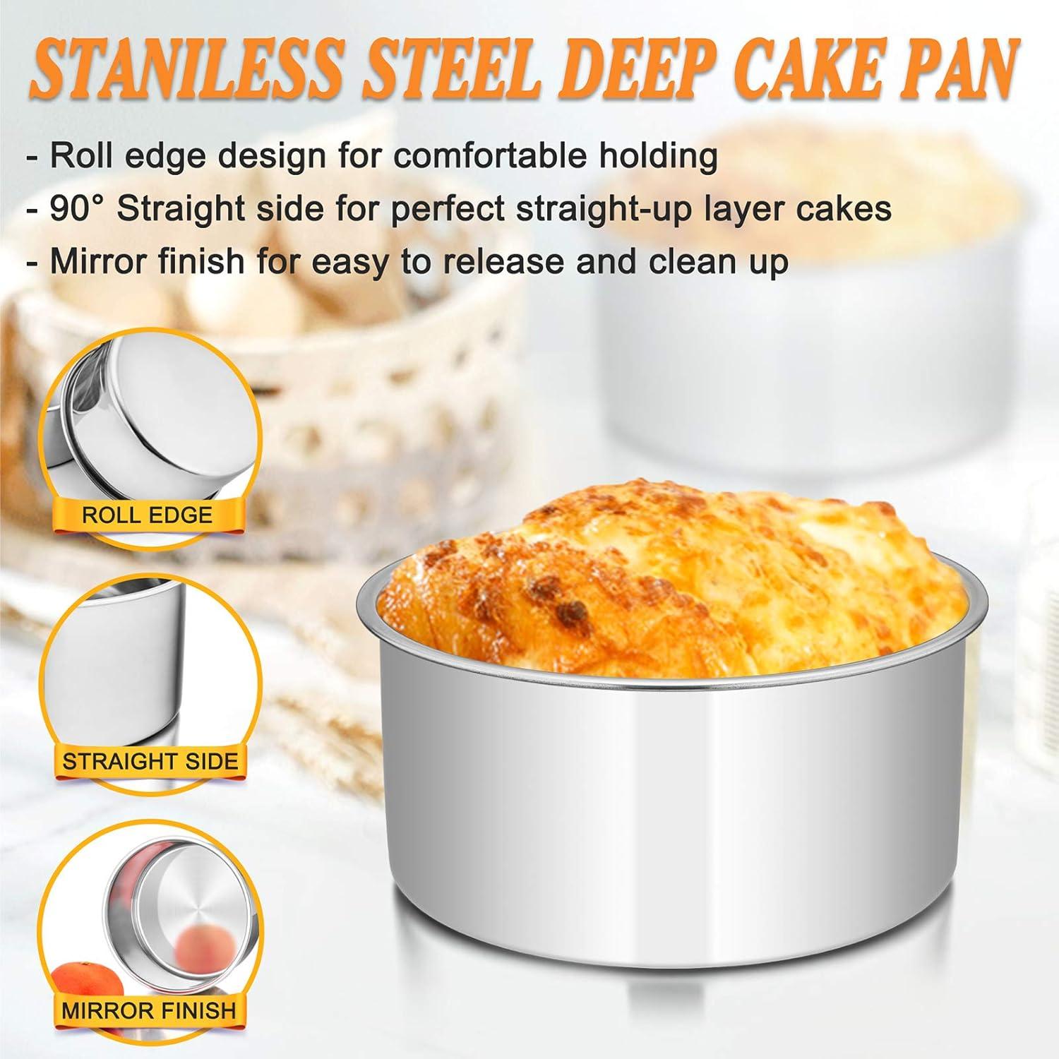 imageEfar Cake Pans Set of 3 8 x 3 Inch Stainless Steel Round Cake Baking Pans Deep Metal Cake Tins for Wedding Birthday Nontoxic amp Dishwasher Safe Mirror Finish amp Straight Side2