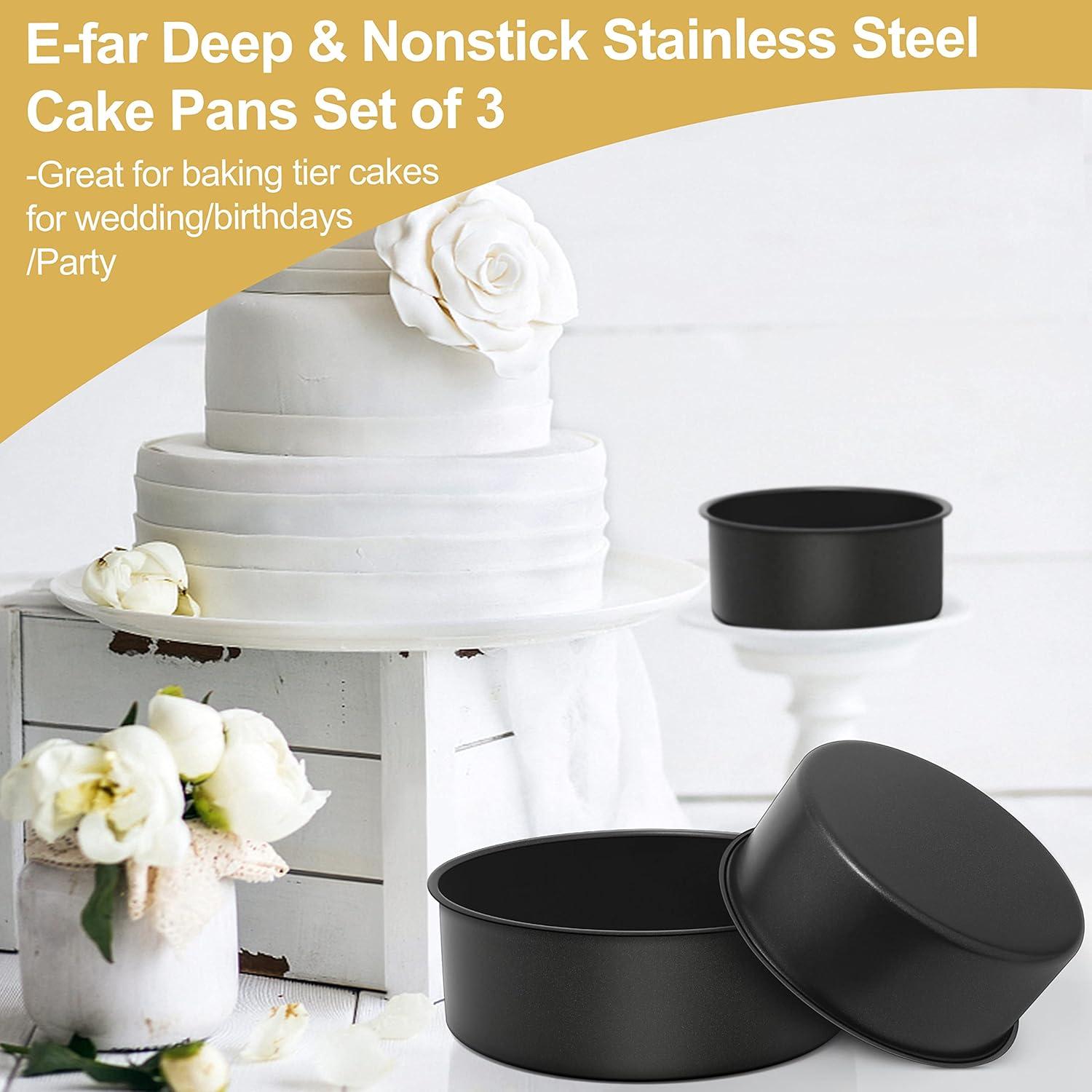 imageEfar Deep Cake Pan Set of 3 468 Inch Nonstick Stainless Steel Round Cake Pans Tins for Baking Layer Wedding Cakes Stainless Steel Core amp Nontoxic Coating Deep amp Straight Side86x34x2 In