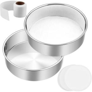 9½ Inch Cake Pan Set of 3, E-Far Stainless Steel Round Layer Cake Baking Pans with Parchment Rounds & Side Liner Roll, Non-Toxic & Healthy Metal Cakes Tin, Straight Side & Dishwasher Safe(6 Inch)