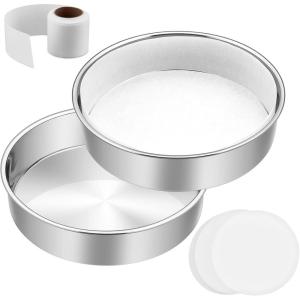 9½ Inch Cake Pan Set of 3, E-Far Stainless Steel Round Layer Cake Baking Pans with Parchment Rounds & Side Liner Roll, Non-Toxic & Healthy Metal Cakes Tin, Straight Side & Dishwasher Safe(8 Inch)