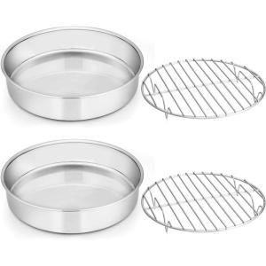 E-far 6 Inch Cake Pan Set of 2, Stainless Steel Round Smash Cake Baking Pans, Non-Toxic & Healthy, Mirror Finish & Dishwasher Safe(9½-Inch (2 Cake Pans + 2 Racks))